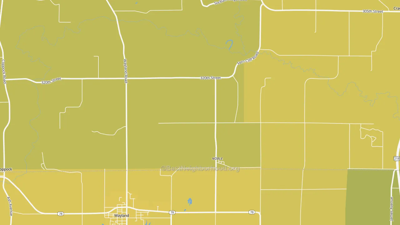Map of the best neighborhoods in the Noble area, with better matches in green and worse matches in red