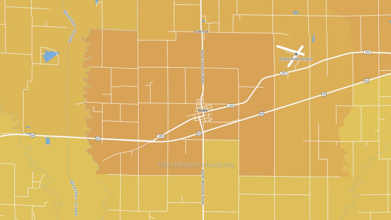 Map of the best neighborhoods in the Noble area, with better matches in green and worse matches in red