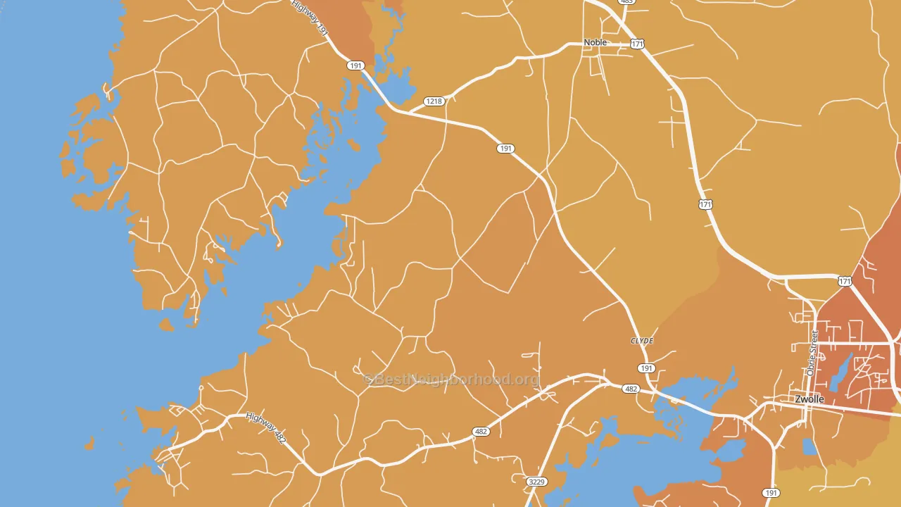 Map of the best neighborhoods in the Noble area, with better matches in green and worse matches in red