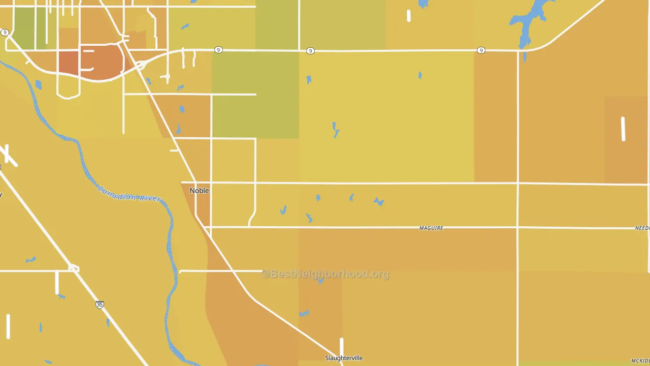 Map of the best neighborhoods in the Noble area, with better matches in green and worse matches in red