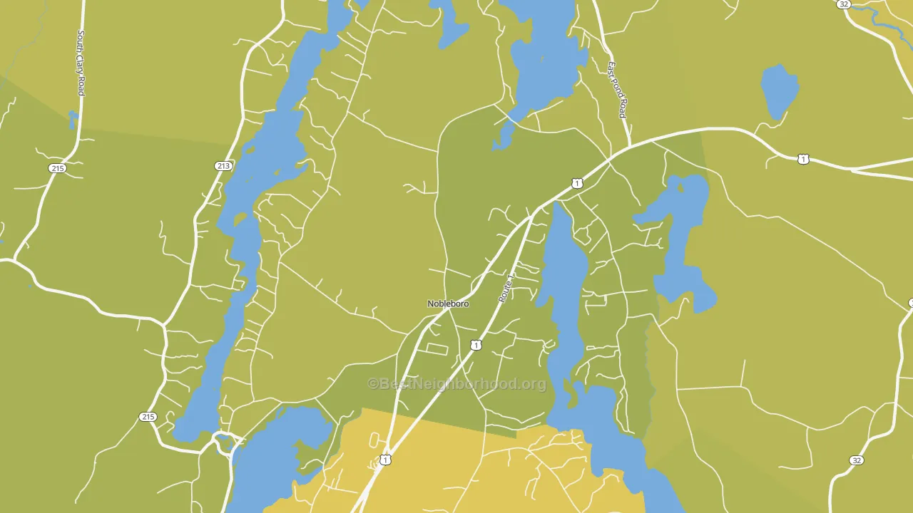 Map of the best neighborhoods in the Nobleboro area, with better matches in green and worse matches in red