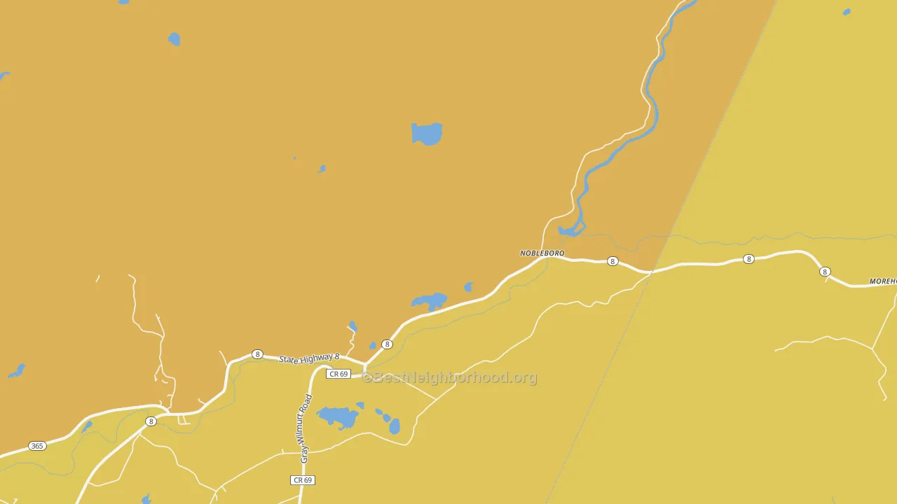Map of the best neighborhoods in the Nobleboro area, with better matches in green and worse matches in red