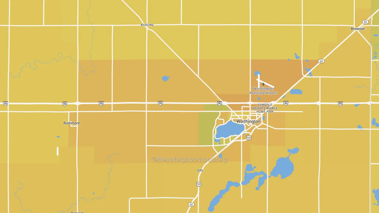 Map of the best neighborhoods in the Nobles County area, with better matches in green and worse matches in red