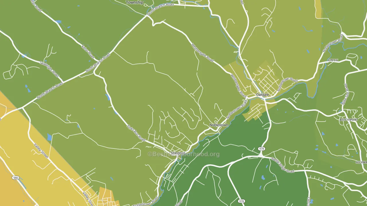 Map of the best neighborhoods in the Noblestown area, with better matches in green and worse matches in red