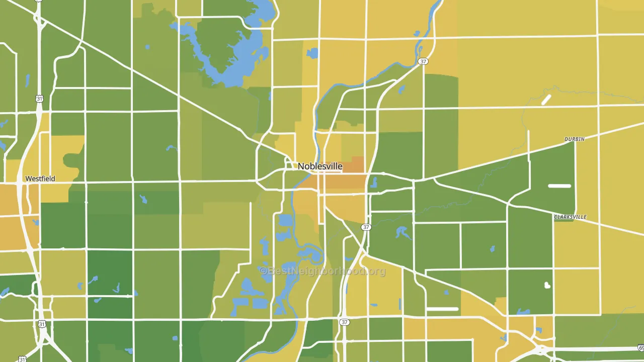 Map of the best neighborhoods in the Noblesville area, with better matches in green and worse matches in red