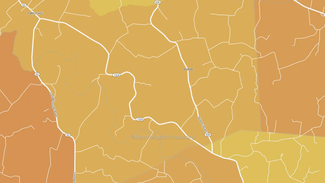 Map of the best neighborhoods in the Nobob area, with better matches in green and worse matches in red