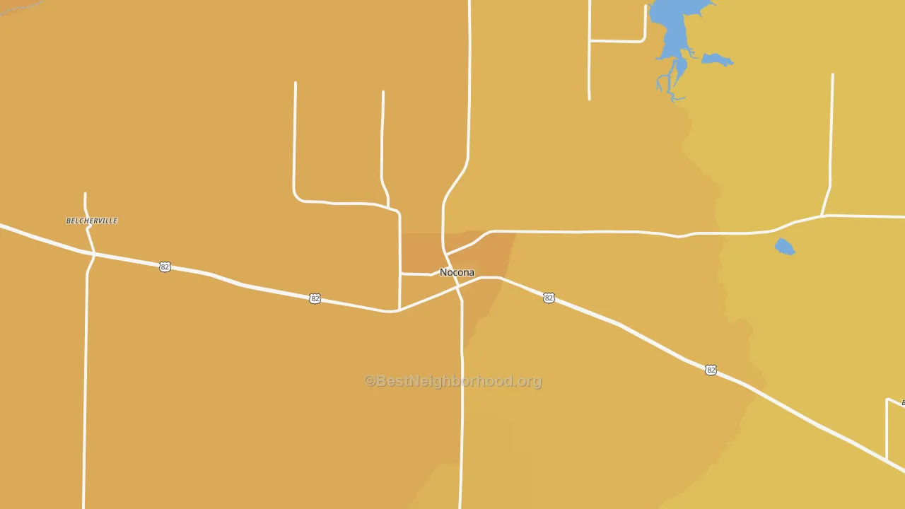 Map of the best neighborhoods in the Nocona area, with better matches in green and worse matches in red