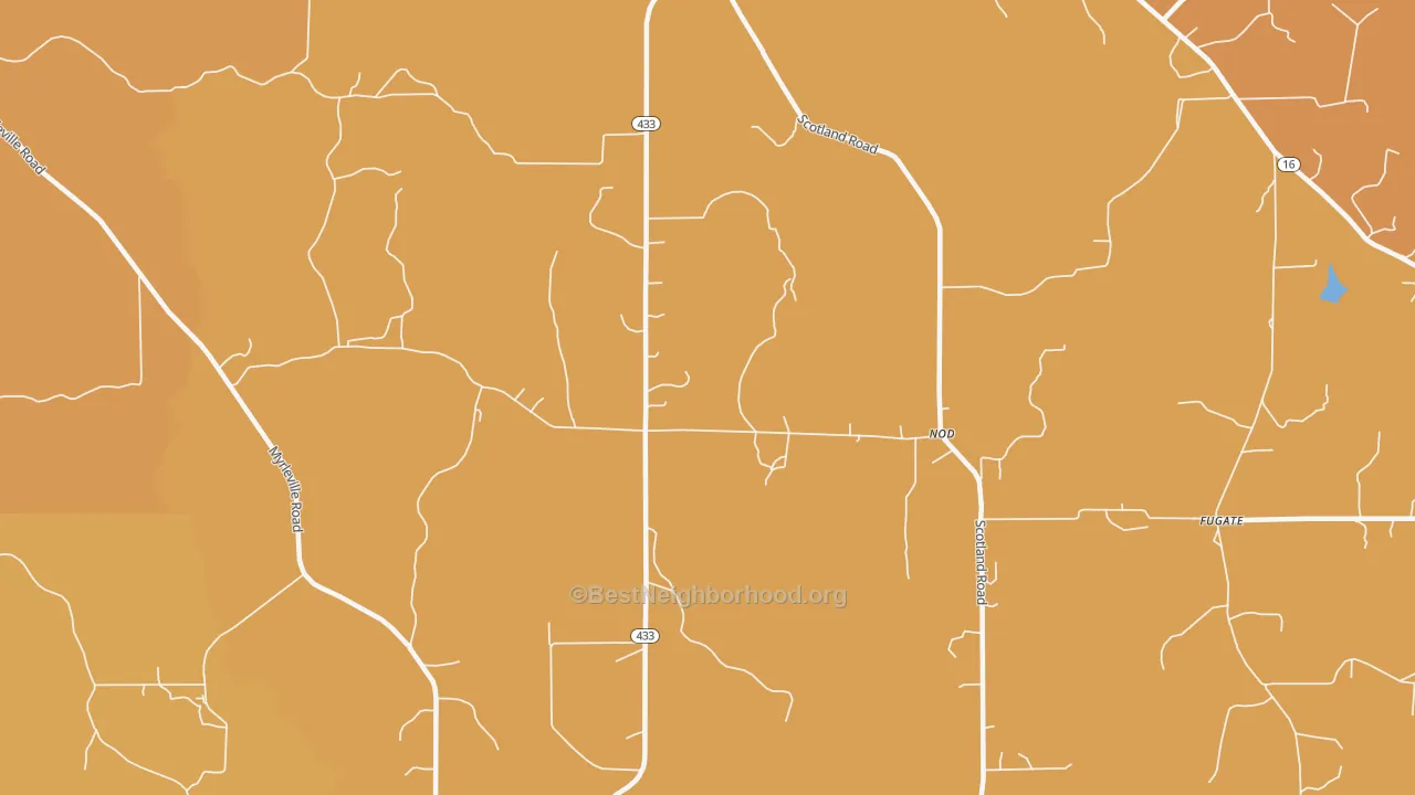 Map of the best neighborhoods in the Nod area, with better matches in green and worse matches in red