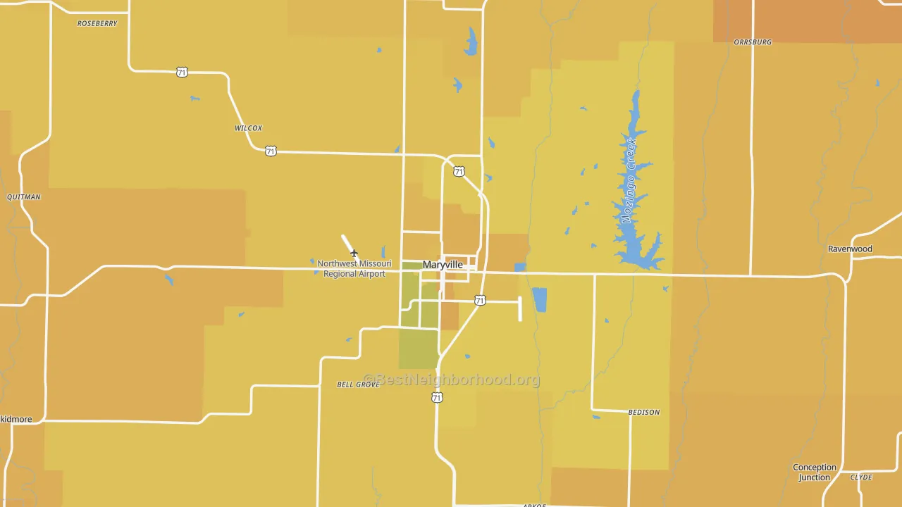 Map of the best neighborhoods in the Nodaway County area, with better matches in green and worse matches in red