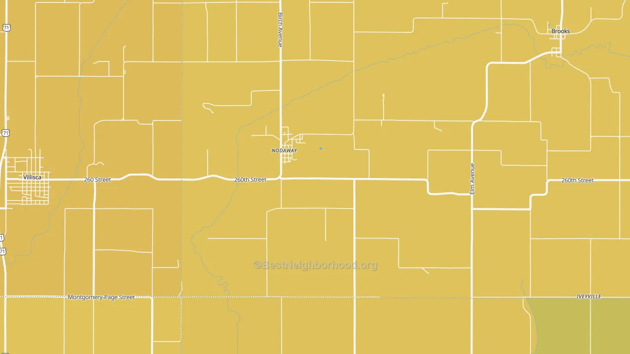 Map of the best neighborhoods in the Nodaway area, with better matches in green and worse matches in red