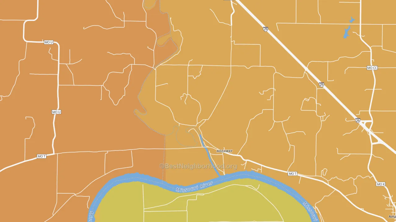 Map of the best neighborhoods in the Nodaway area, with better matches in green and worse matches in red