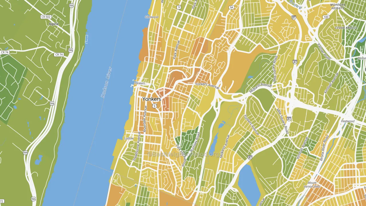 Map of the best neighborhoods in the Nodine Hill, Yonkers area, with better matches in green and worse matches in red