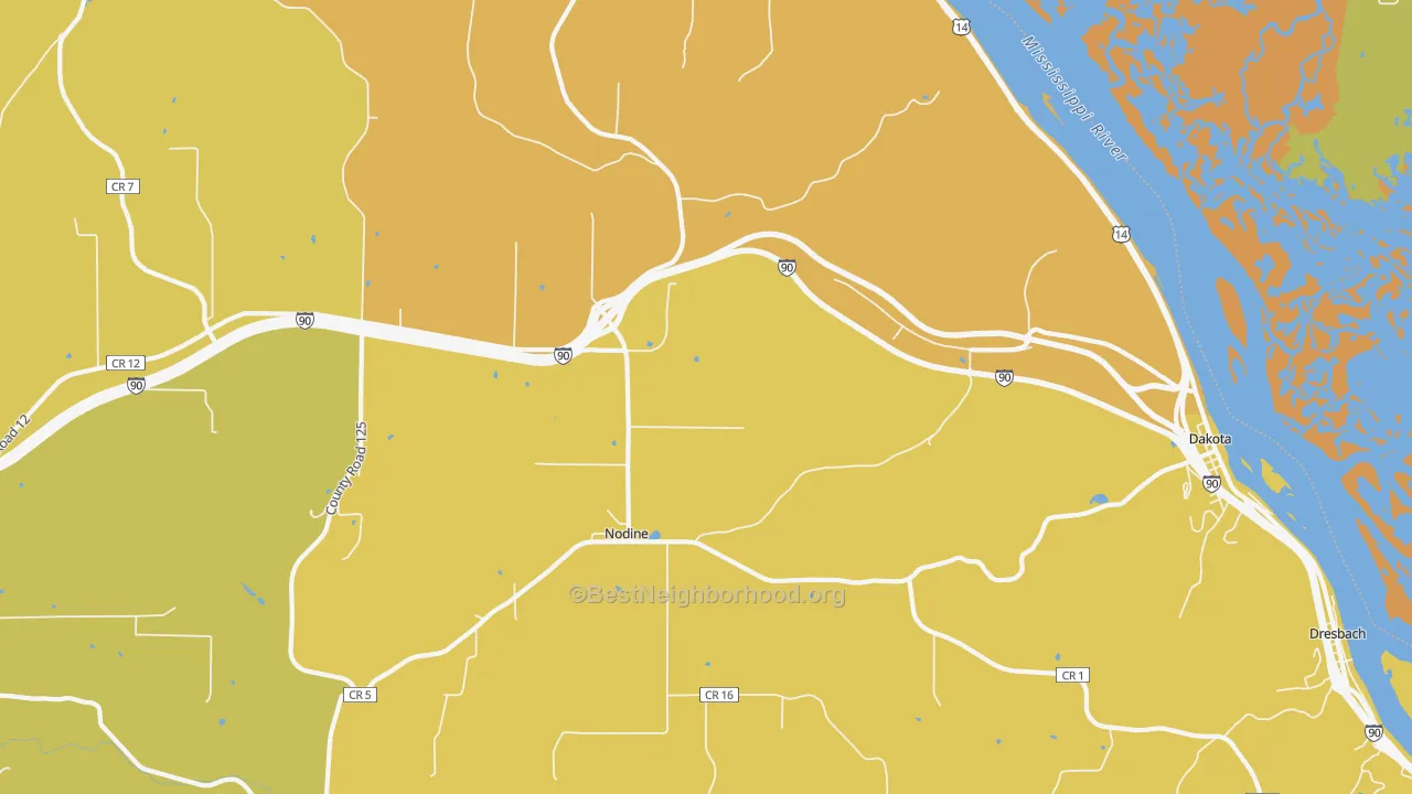 Map of the best neighborhoods in the Nodine area, with better matches in green and worse matches in red