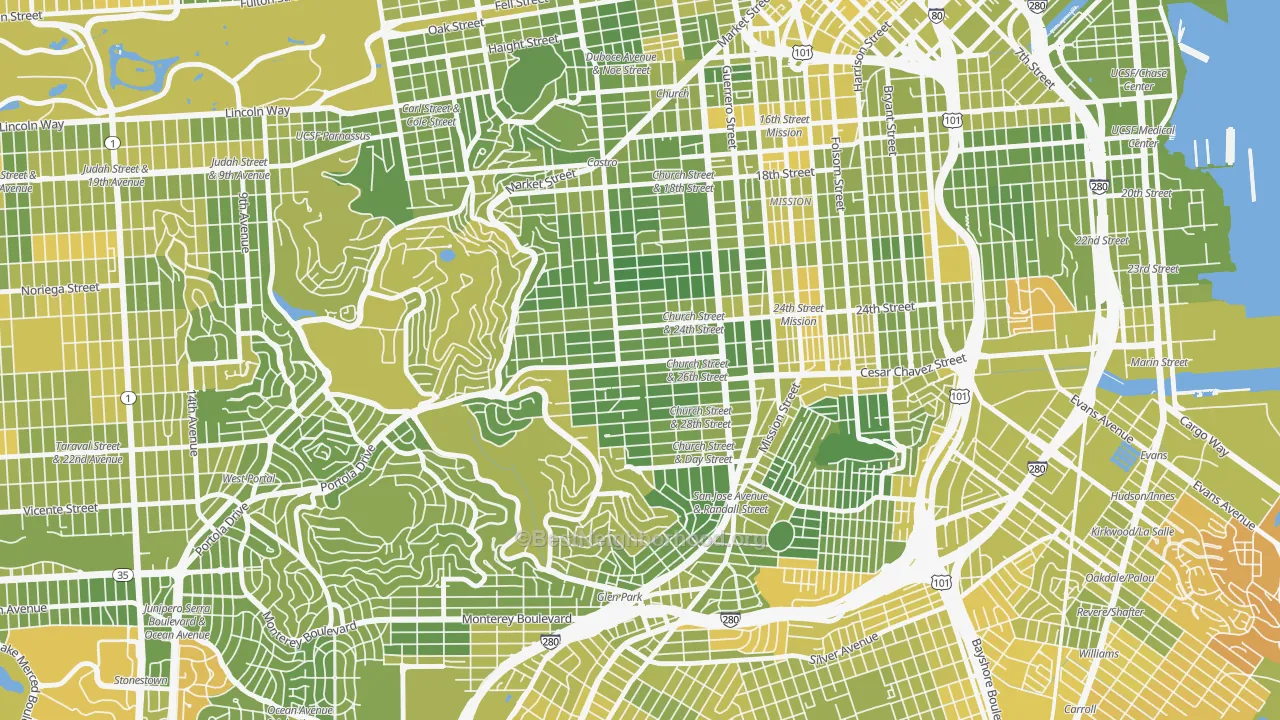Map of the best neighborhoods in the Noe Valley, San Francisco area, with better matches in green and worse matches in red