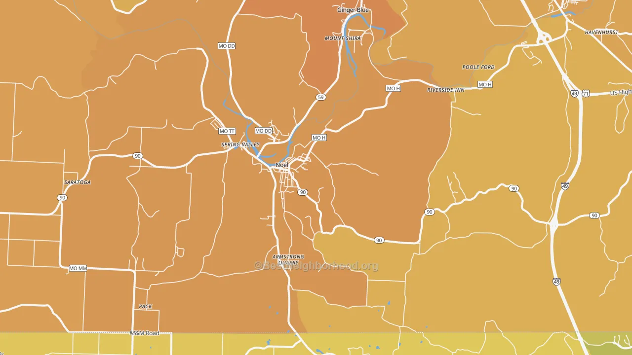 Map of the best neighborhoods in the Noel area, with better matches in green and worse matches in red