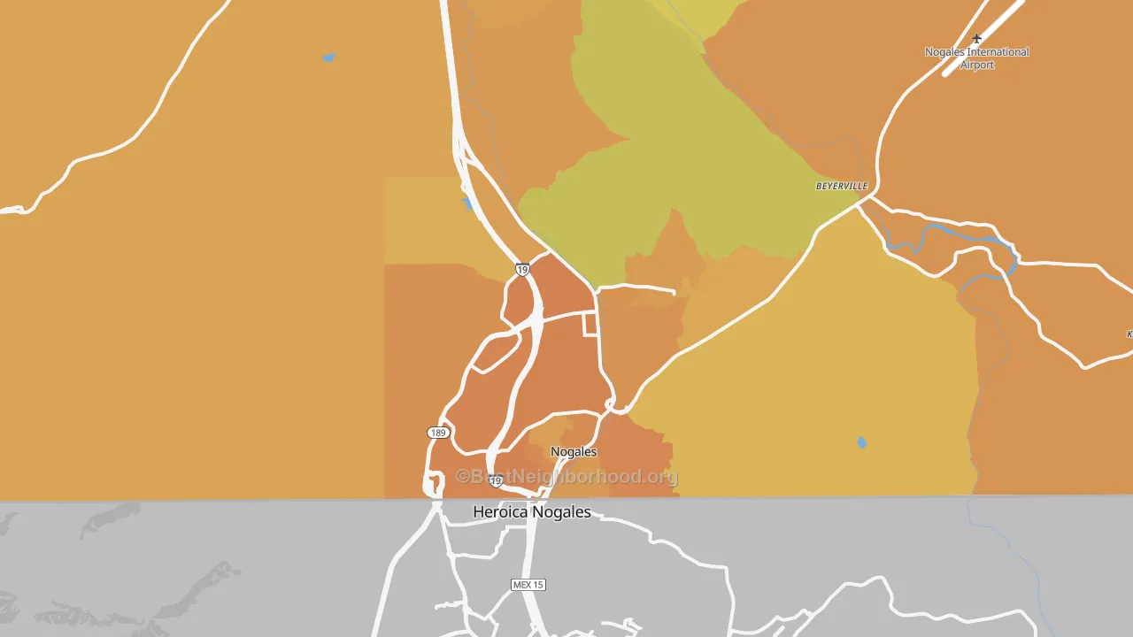 Map of the best neighborhoods in the Nogales area, with better matches in green and worse matches in red