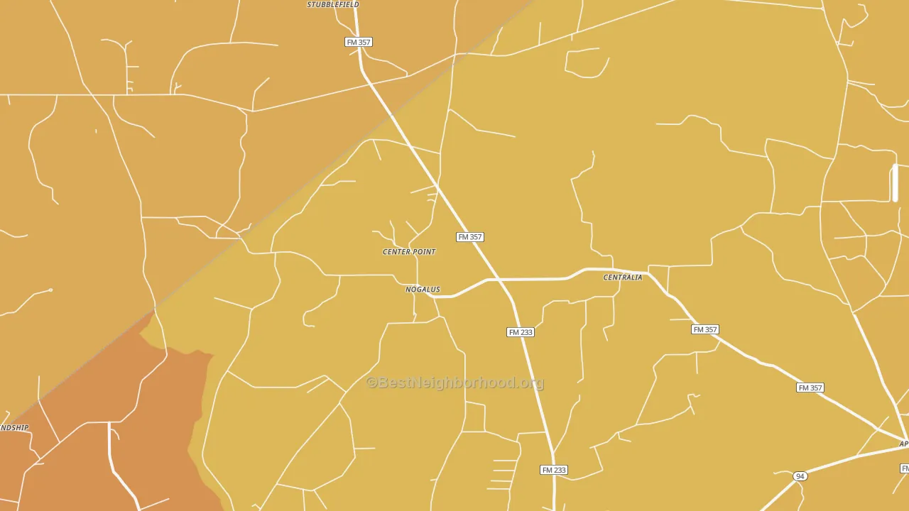 Map of the best neighborhoods in the Nogalus area, with better matches in green and worse matches in red