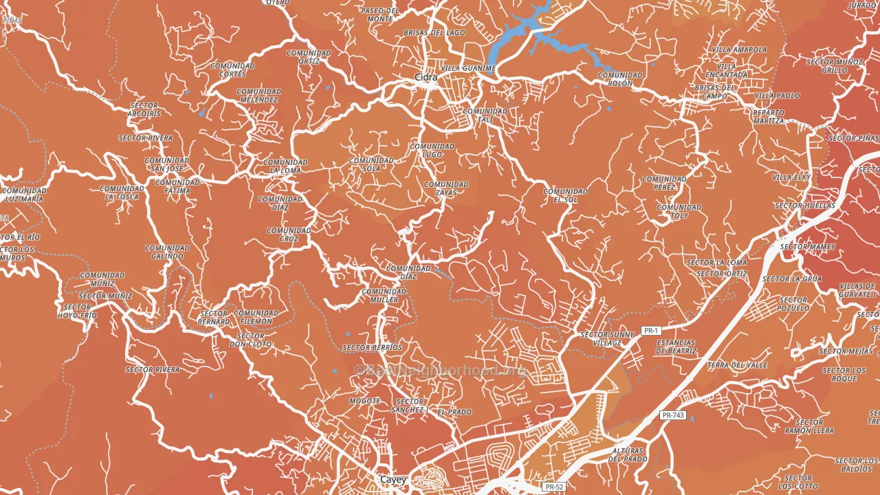 Map of the best neighborhoods in the Nogueras area, with better matches in green and worse matches in red