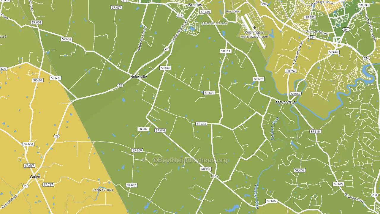 Map of the best neighborhoods in the Nokesville area, with better matches in green and worse matches in red