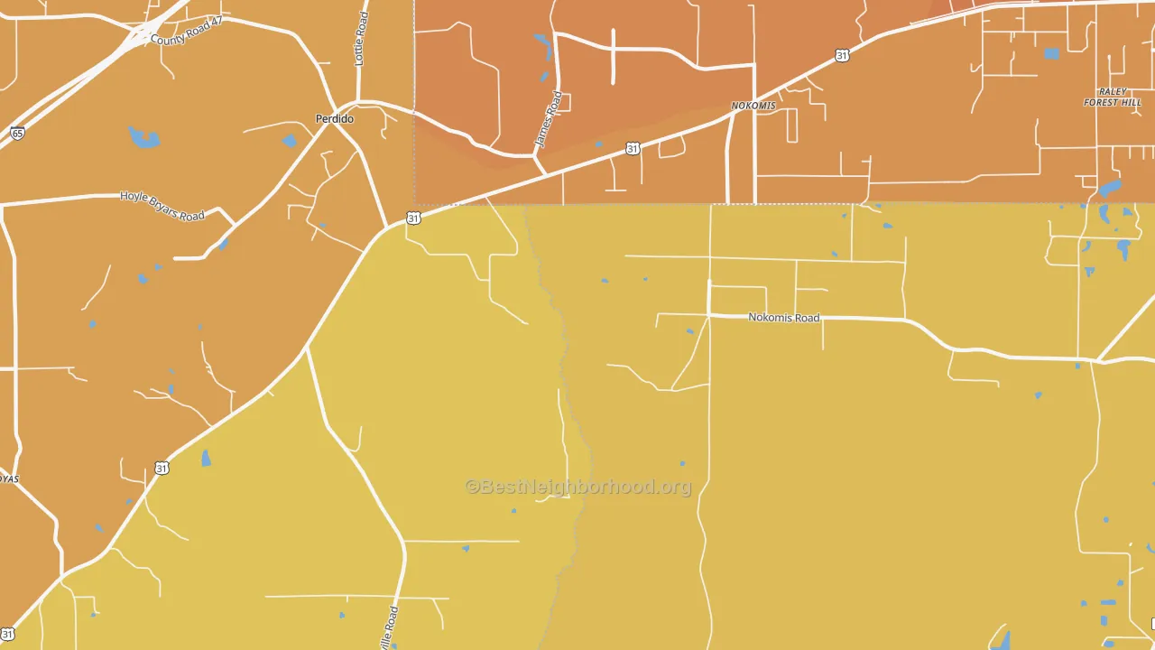 Map of the best neighborhoods in the Nokomis area, with better matches in green and worse matches in red