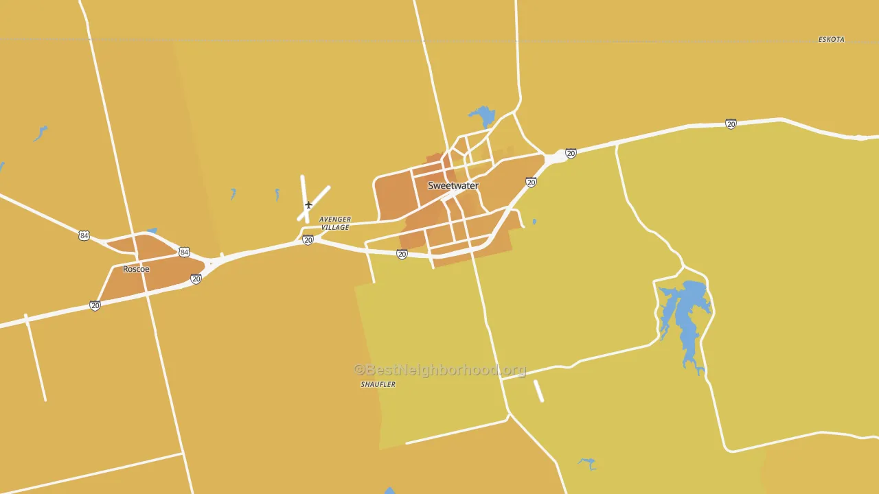 Map of the best neighborhoods in the Nolan County area, with better matches in green and worse matches in red