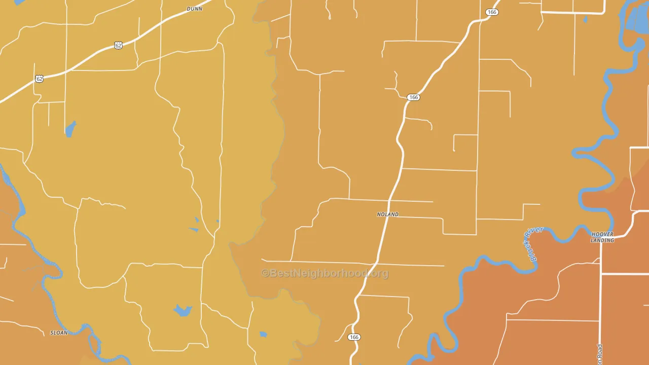 Map of the best neighborhoods in the Noland area, with better matches in green and worse matches in red