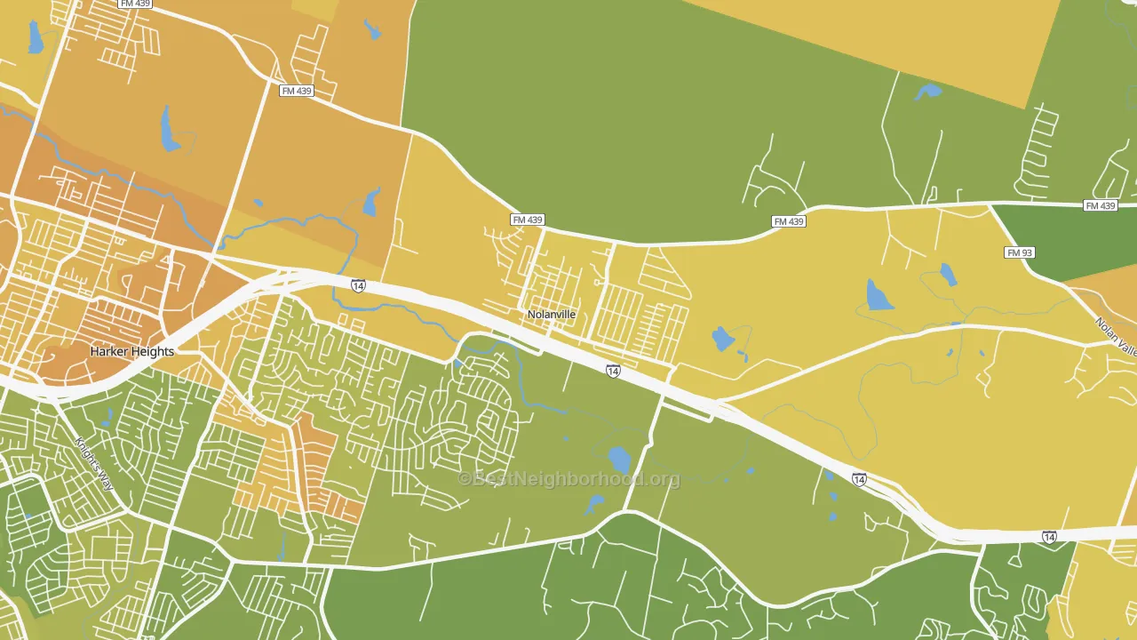 Map of the best neighborhoods in the Nolanville area, with better matches in green and worse matches in red
