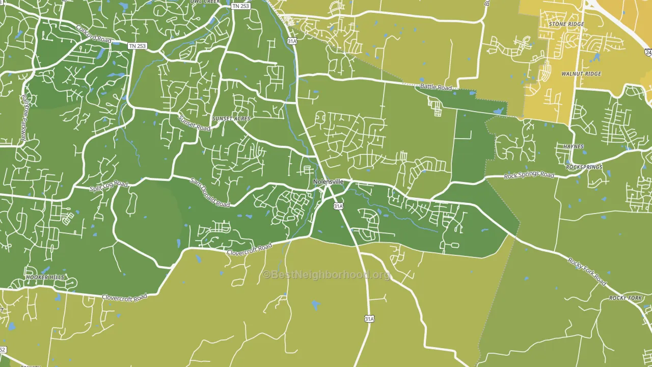 Map of the best neighborhoods in the Nolensville area, with better matches in green and worse matches in red