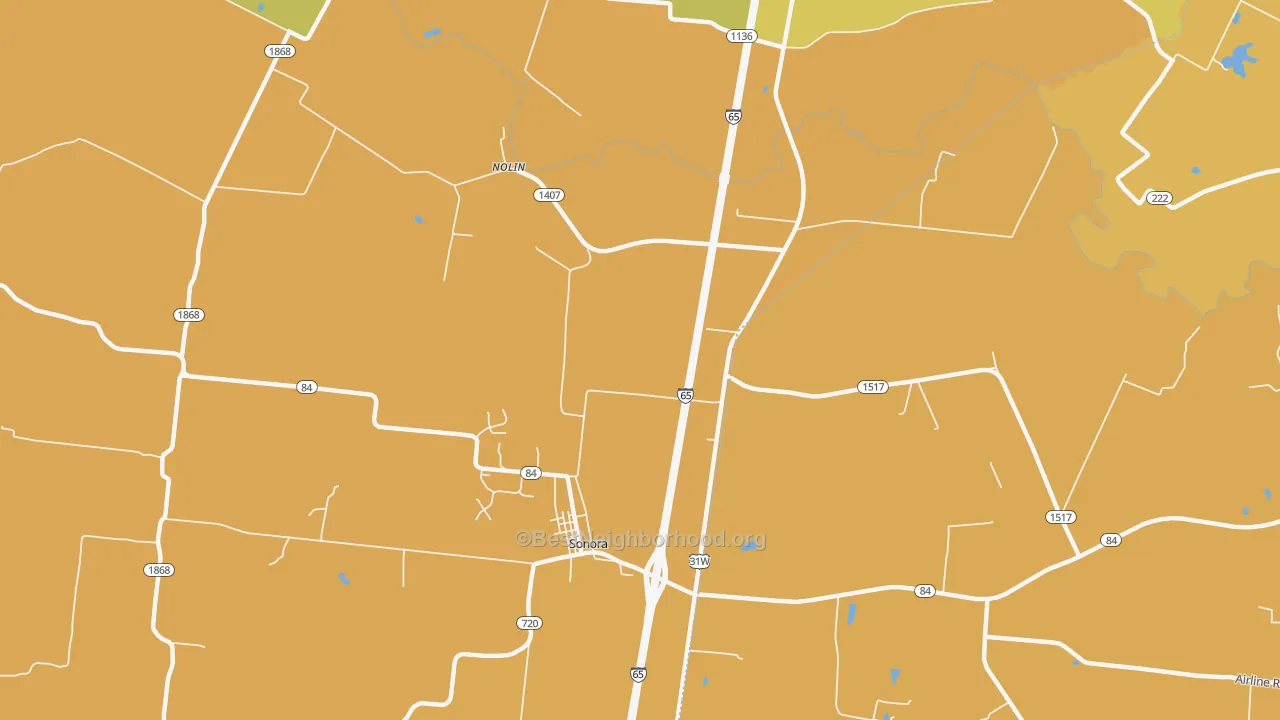 Map of the best neighborhoods in the Nolin area, with better matches in green and worse matches in red