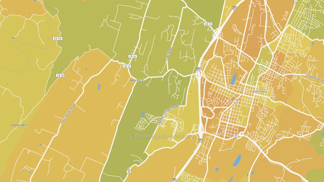Map of the best neighborhoods in the Nollville, Martinsburg area, with better matches in green and worse matches in red