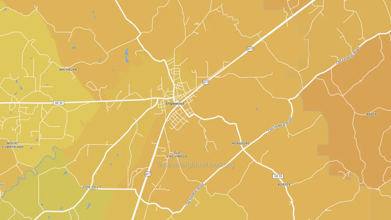 Map of the best neighborhoods in the Nonaburg area, with better matches in green and worse matches in red