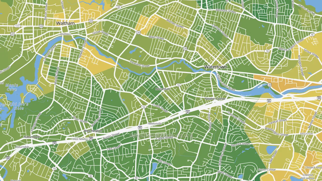 Map of the best neighborhoods in the Nonantum, Newton area, with better matches in green and worse matches in red