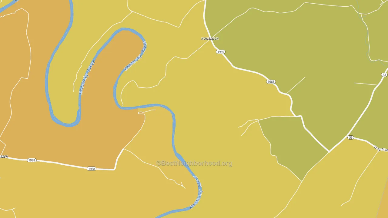 Map of the best neighborhoods in the Nonesuch area, with better matches in green and worse matches in red