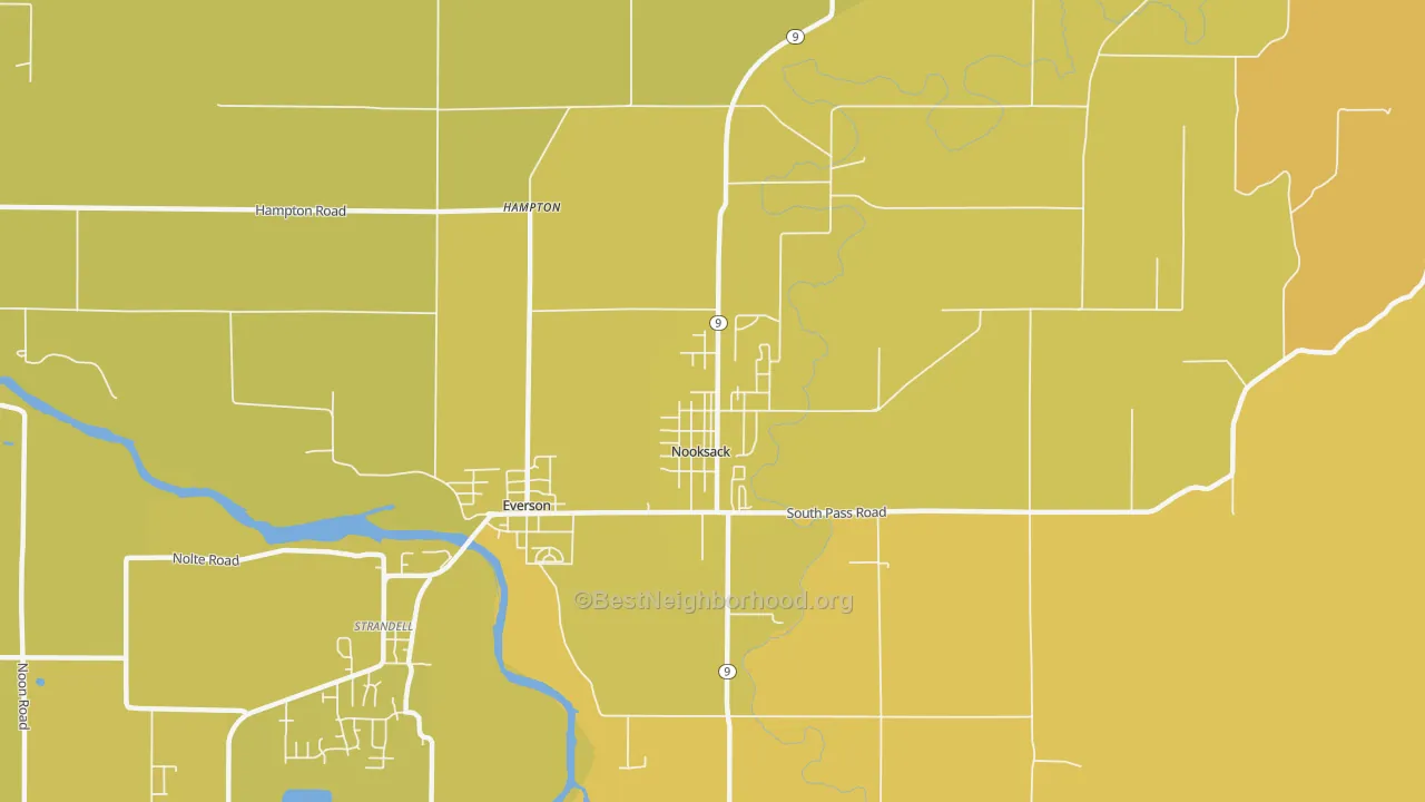 Map of the best neighborhoods in the Nooksack area, with better matches in green and worse matches in red
