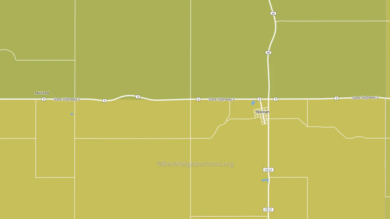 Map of the best neighborhoods in the Noonan area, with better matches in green and worse matches in red