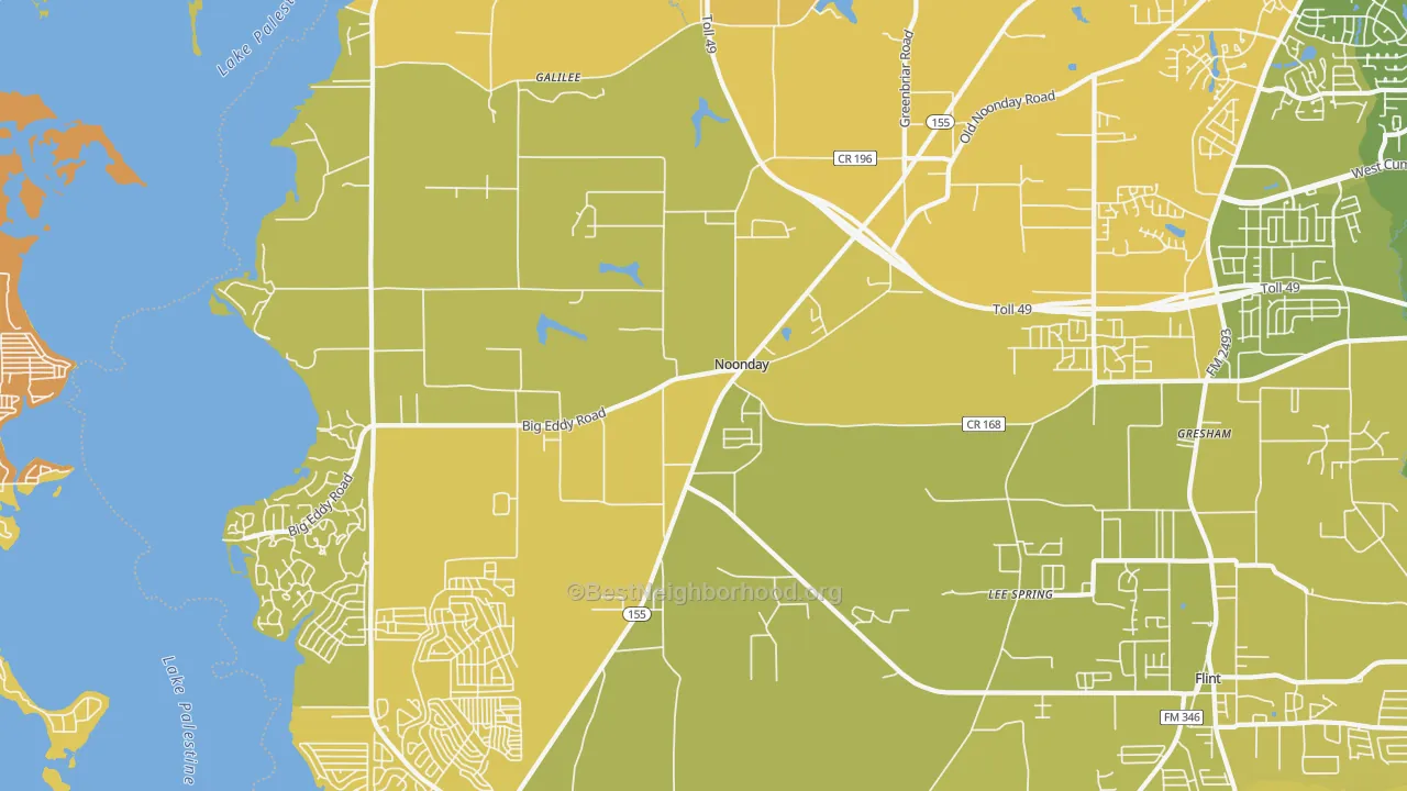 Map of the best neighborhoods in the Noonday area, with better matches in green and worse matches in red