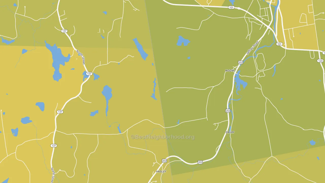 Map of the best neighborhoods in the Noone area, with better matches in green and worse matches in red