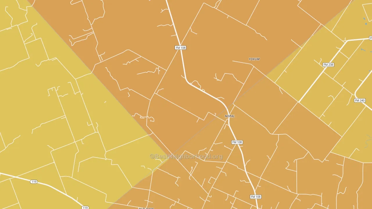 Map of the best neighborhoods in the Nopal area, with better matches in green and worse matches in red