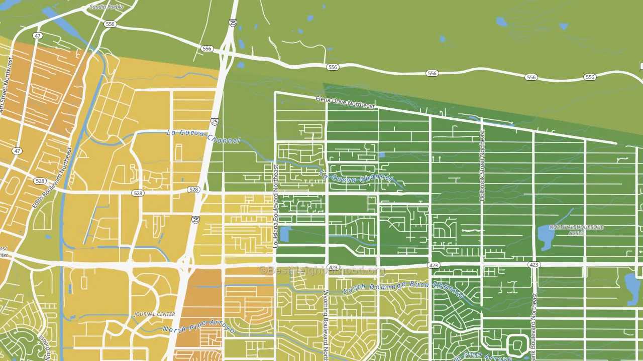 Map of the best neighborhoods in the Nor Este, Albuquerque area, with better matches in green and worse matches in red