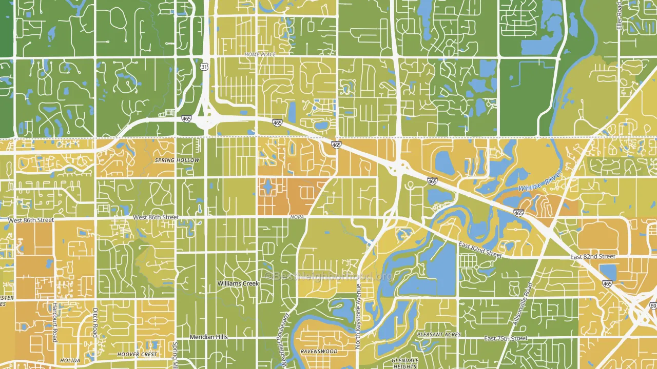 Map of the best neighborhoods in the Nora, Indianapolis area, with better matches in green and worse matches in red