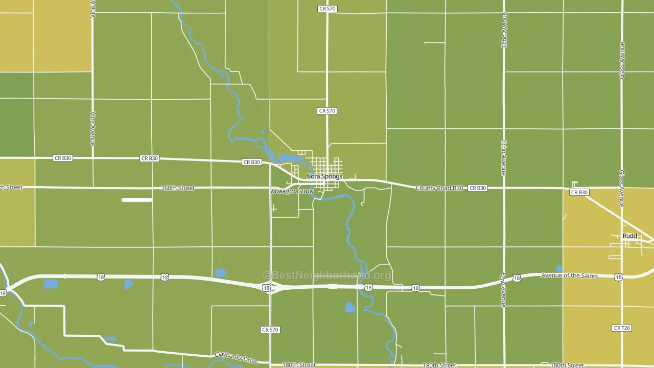 Map of the best neighborhoods in the Nora Springs area, with better matches in green and worse matches in red