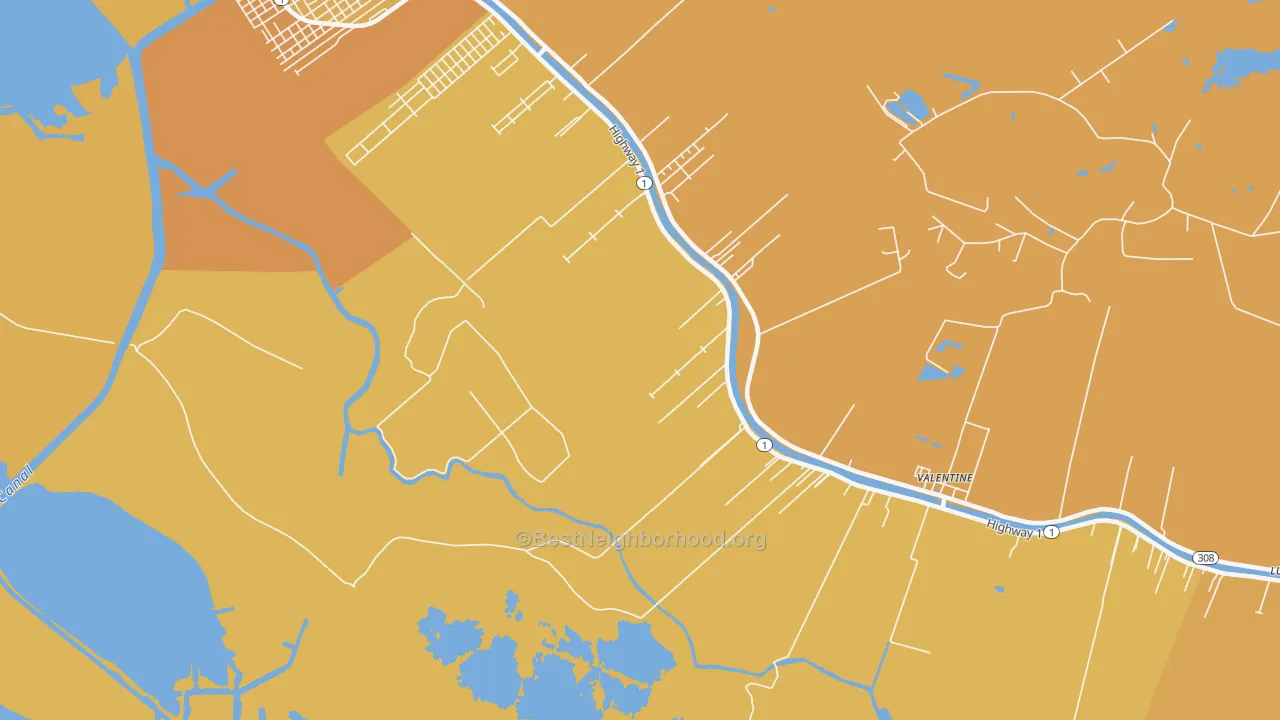Map of the best neighborhoods in the Norah area, with better matches in green and worse matches in red