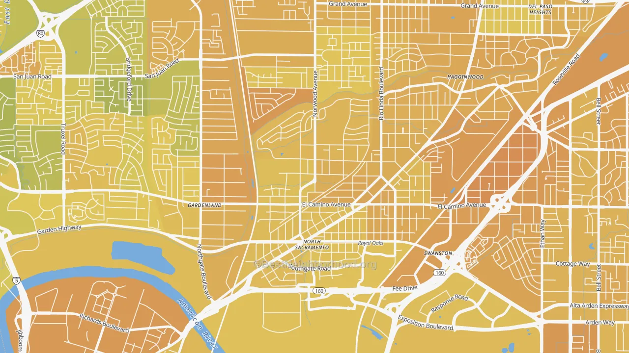 Map of the best neighborhoods in the Noralto, Sacramento area, with better matches in green and worse matches in red