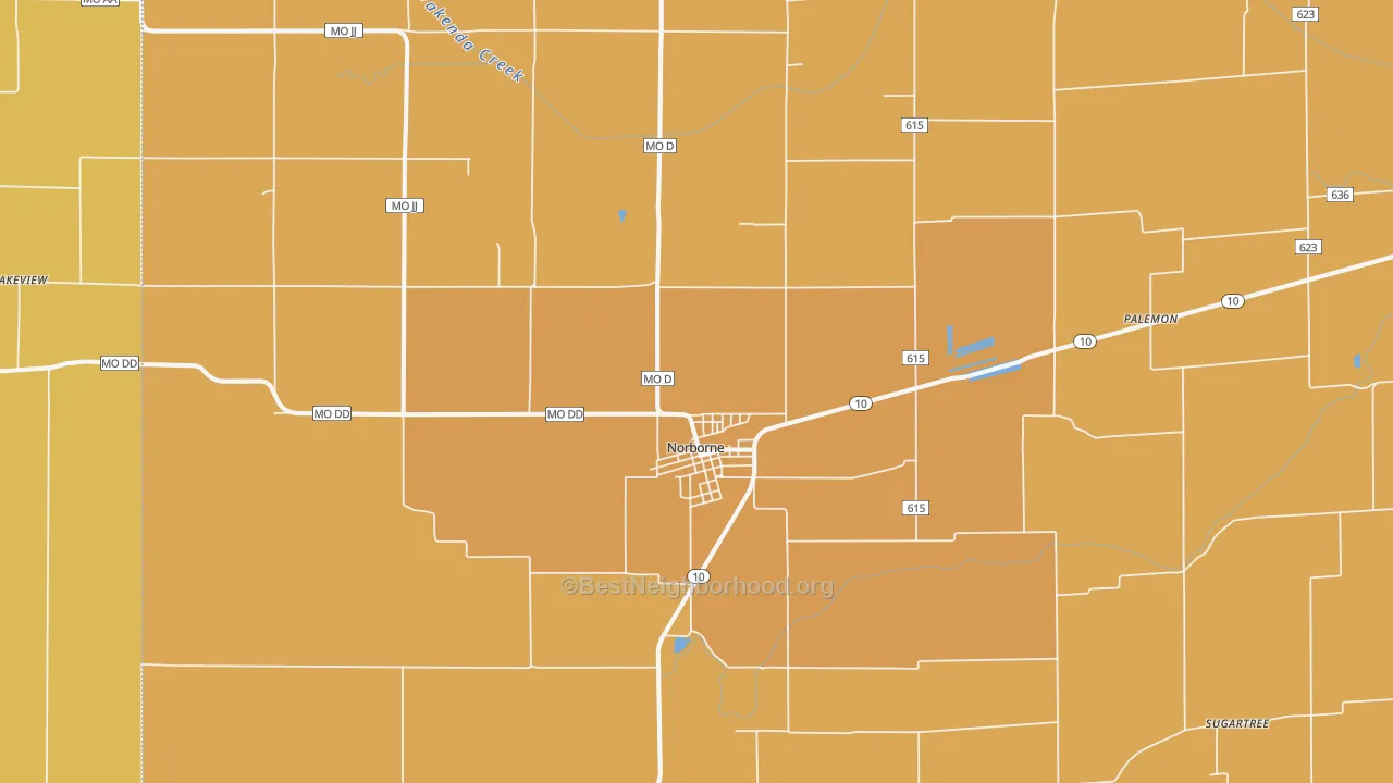 Map of the best neighborhoods in the Norborne area, with better matches in green and worse matches in red