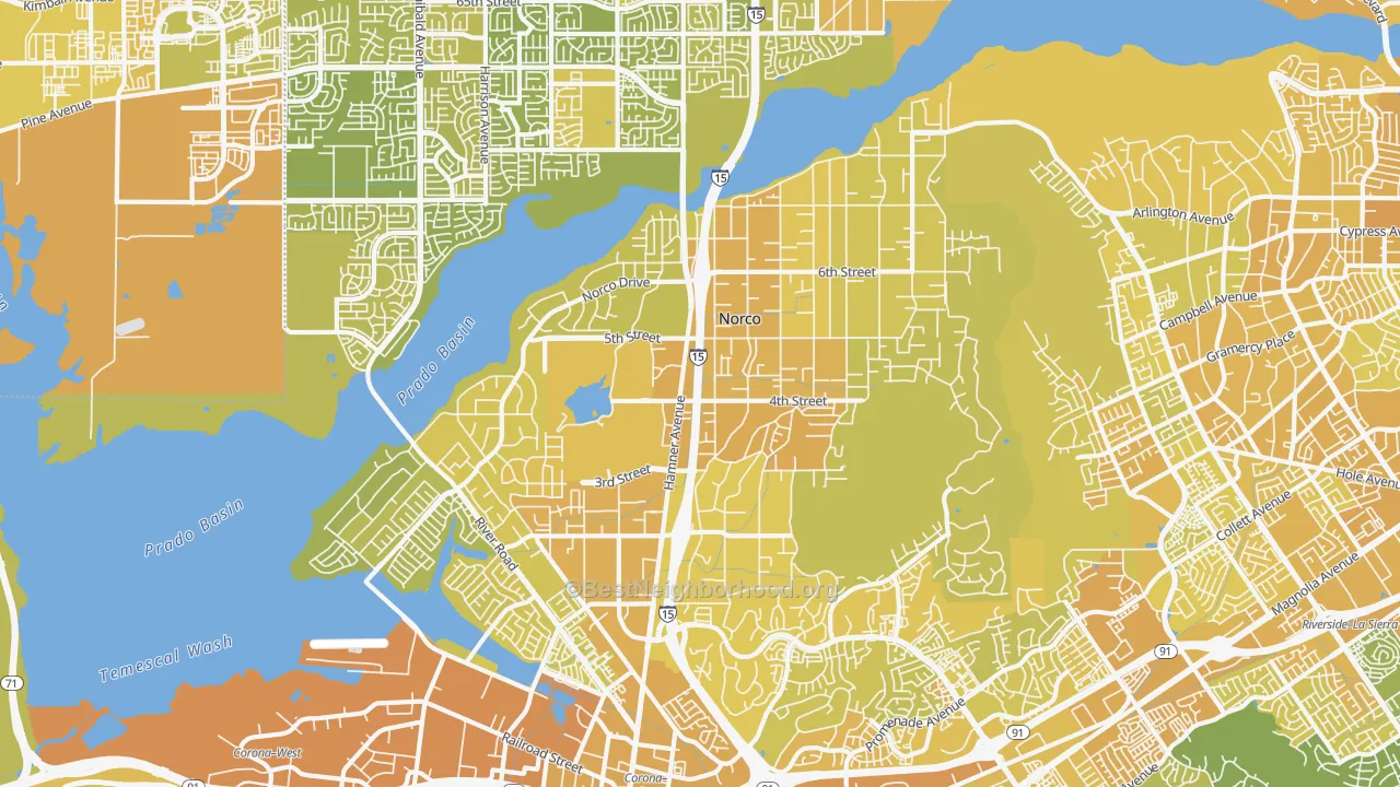 Map of the best neighborhoods in the Norco area, with better matches in green and worse matches in red