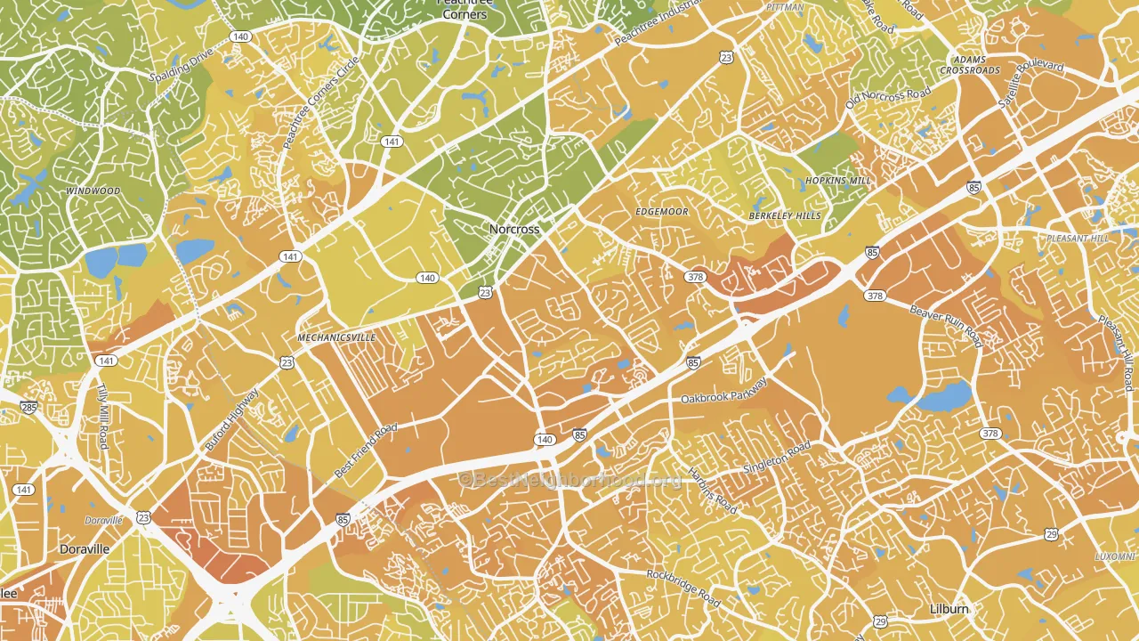 Map of the best neighborhoods in the Norcross area, with better matches in green and worse matches in red