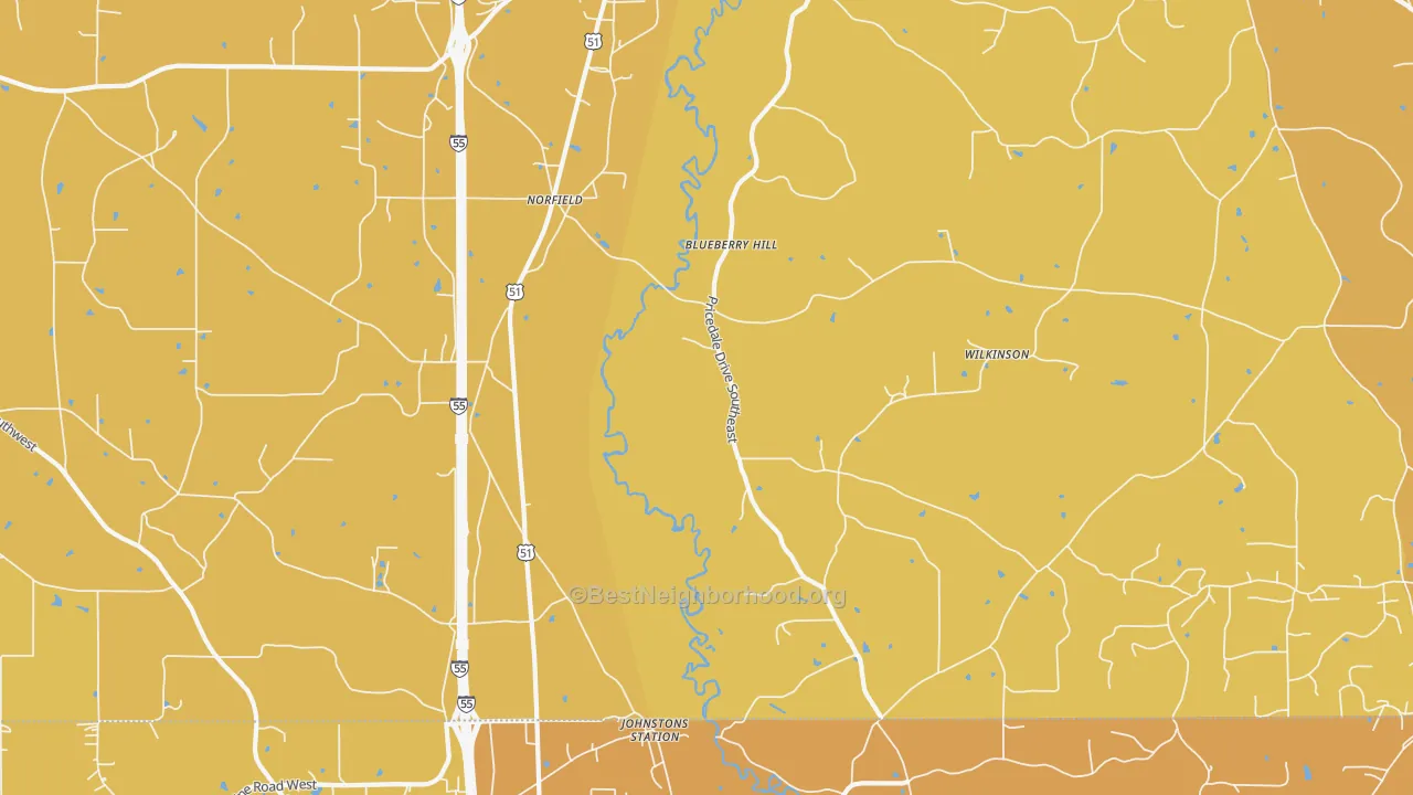 Map of the best neighborhoods in the Norfield area, with better matches in green and worse matches in red