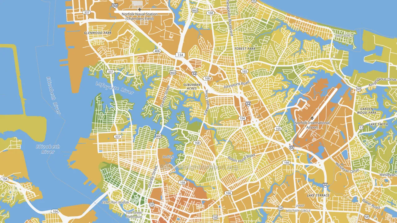 Map of the best neighborhoods in the Norfolk City area, with better matches in green and worse matches in red