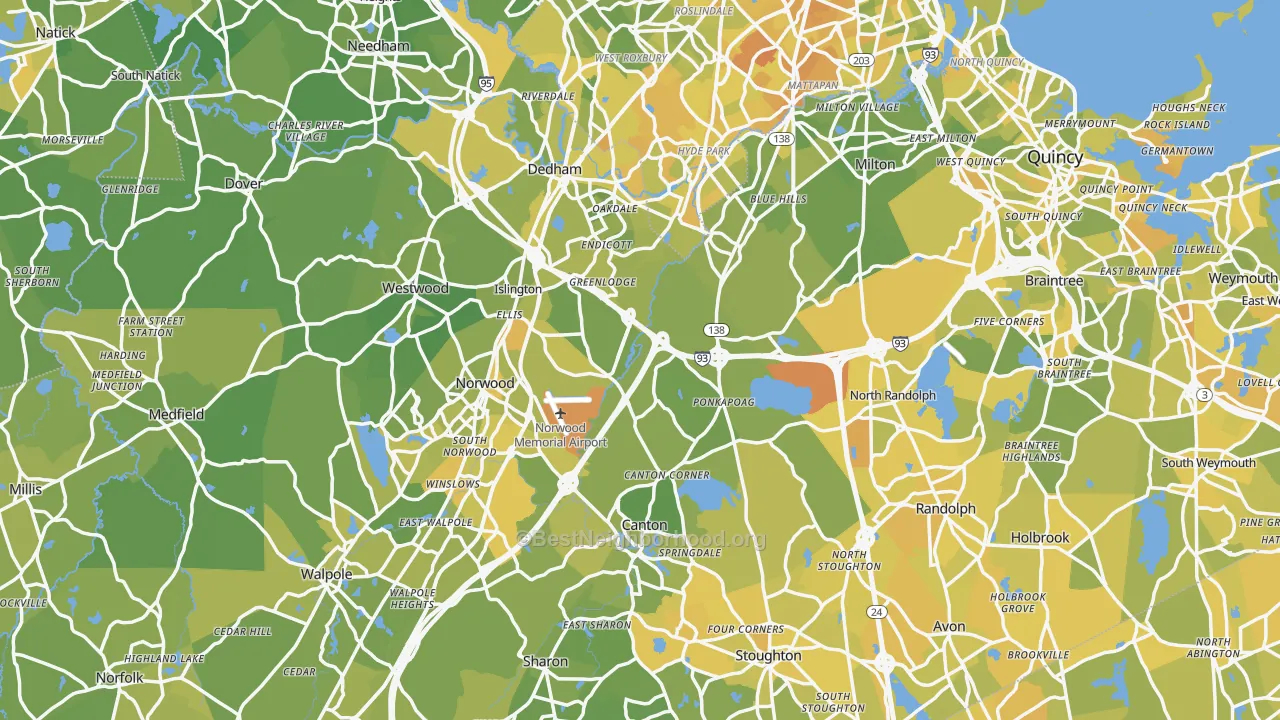 Map of the best neighborhoods in the Norfolk County area, with better matches in green and worse matches in red