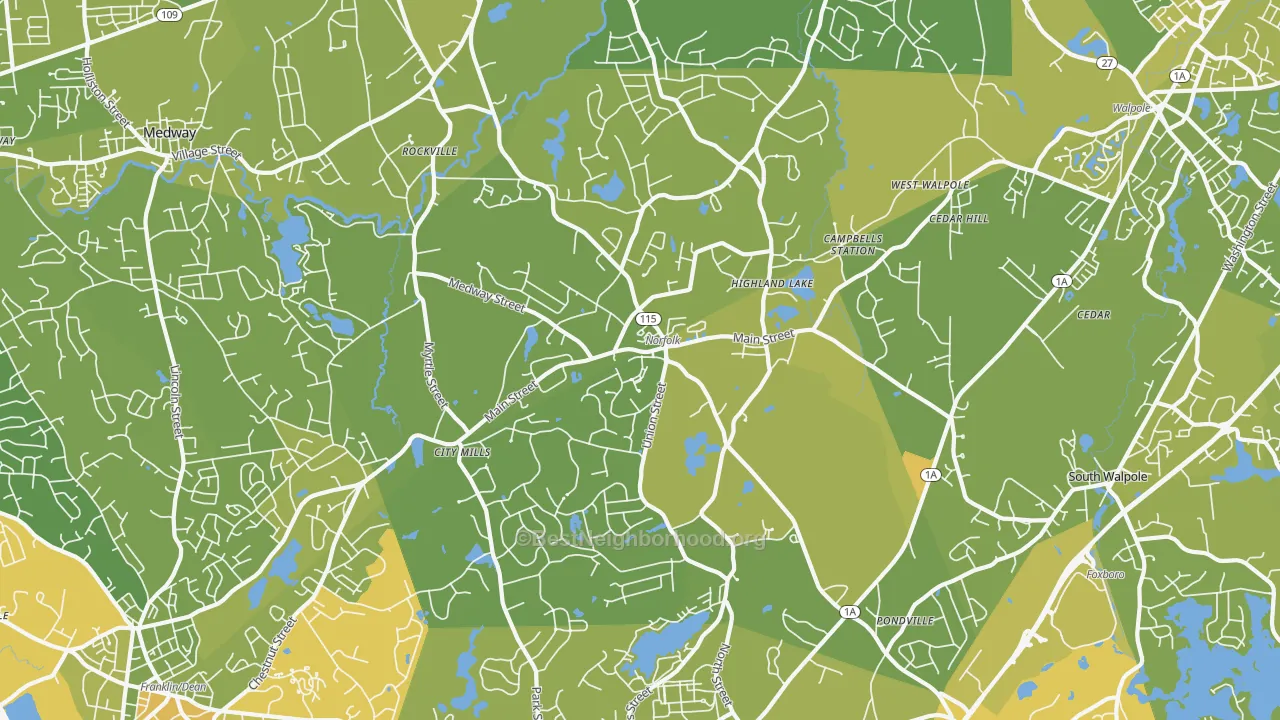 Map of the best neighborhoods in the Norfolk area, with better matches in green and worse matches in red